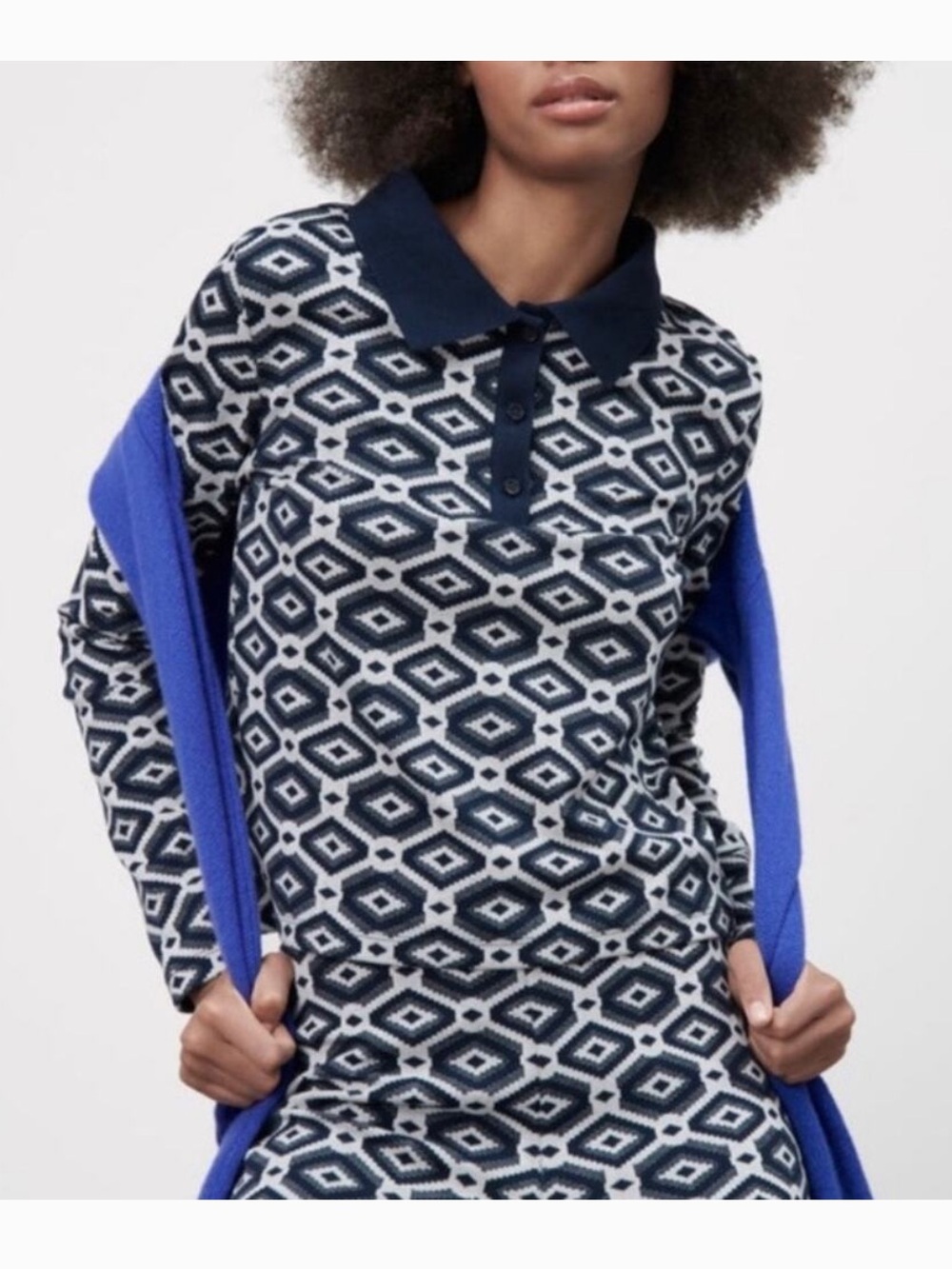 Zara Geometric Print Cropped Long Sleeve Jacquard  Polo in Blue/White